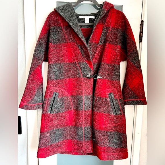 Max Studio Hooded Wool Blend Red and Grey Plaid Women Jacket Coat Size Small - Picture 2 of 11